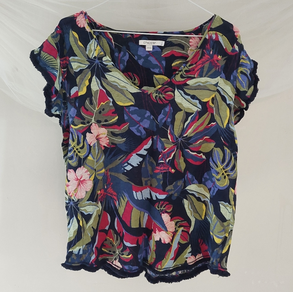Chicos Linen Tropical Floral Flutter Sleeve Fringe Top Size 3 XL 16 Summer